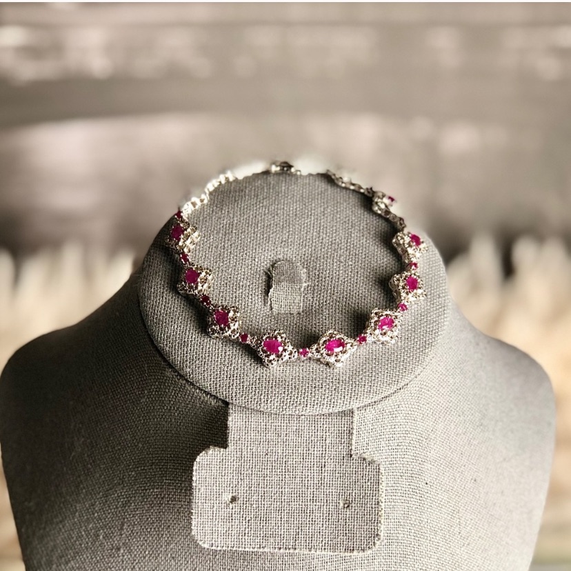 Red Burmese Ruby Rhodium Sterling Silver Bracelet